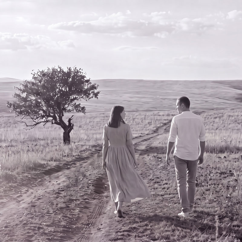 un couple marchant paisiblement dans la campagne